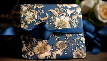 Elegant gold leaf pattern adorns gift box for wedding celebration generated by AI photo