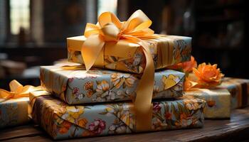 A festive stack of gift boxes, wrapped in ornate paper generated by AI photo