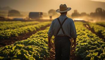 un maduro granjero trabajando en el campo a amanecer, cosecha cultivos generado por ai foto