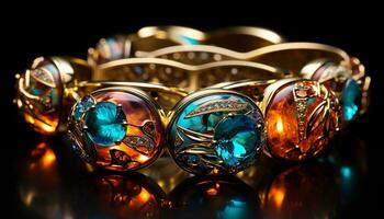 brillante joyas, piedra preciosa moda, oro lujo, regalo reflexión decoración generado por ai foto