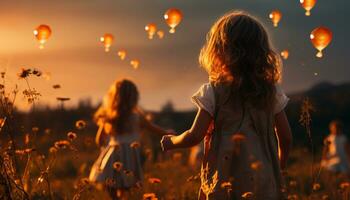 Smiling girls playfully hold balloons, enjoying carefree summer meadow generated by AI photo