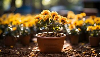 Freshness and beauty in nature  a small potted sunflower blossoms generated by AI photo