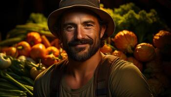 Smiling farmer holding fresh vegetables, looking at camera with confidence generated by AI photo