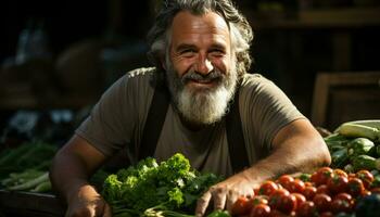 Smiling man holds fresh tomato, exuding confidence in healthy eating generated by AI photo