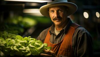 sonriente granjero participación orgánico verduras, mirando a cámara con confianza generado por ai foto