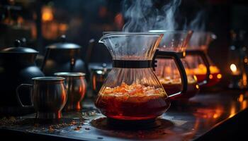 Fresh coffee poured into a glass, steam rising from the mug generated by AI photo