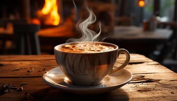 Aromatic coffee cup on rustic table, steam rises, inviting relaxation generated by AI photo