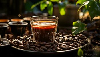 Freshness in a cup, dark liquid, coffee bean aroma fills air generated by AI photo