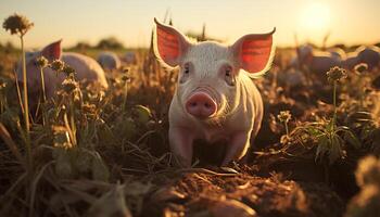 A cute piglet grazes in the meadow at sunset generated by AI photo