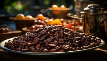 Fresco café frijoles en un de madera mesa, un gastrónomo cafeína deleite generado por ai foto