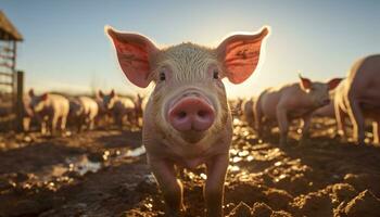 linda cerdito pasto en un prado, disfrutando el verano puesta de sol generado por ai foto