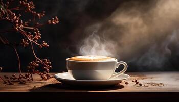 Coffee cup on wooden table, steam rises from frothy drink generated by AI photo