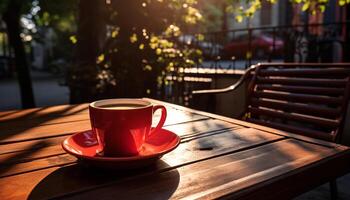 Coffee cup on a wooden table, a symbol of relaxation generated by AI photo