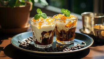 Refreshing drink on a wooden table, gourmet coffee with sweet dessert generated by AI photo