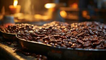 Dark coffee bean, fresh drink, selective focus on foreground, indoors generated by AI photo