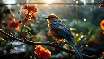 A vibrant bird perching on a branch, showcasing natural beauty generated by AI photo