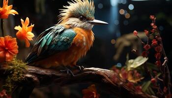 Majestic macaw perching on a branch, its vibrant feathers captivating generated by AI photo