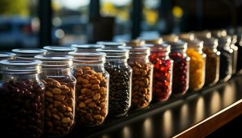 Freshness and abundance of organic coffee beans in a glass jar generated by AI photo