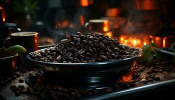 Dark heat, temperature drink coffee bean wood table caffeine leaf refreshment generated by AI photo