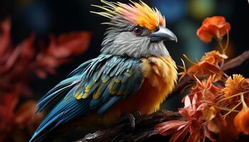 Macaw perching on branch, vibrant colors in tropical rainforest generated by AI photo