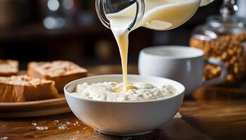 Fresh milk poured into a wooden bowl, a healthy homemade dessert generated by AI photo