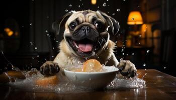 Cute puppy sitting, eating, looking at camera, wet and playful generated by AI photo