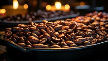 Fresh coffee beans, heat, aroma, caffeine, table, selective focus, indoors generated by AI photo