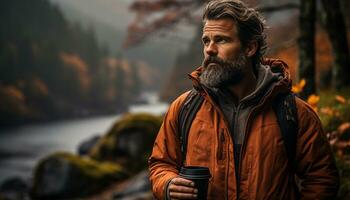 un barbado hombre excursionismo en el invierno bosque, explorador naturaleza generado por ai foto