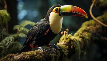 A colorful toucan perches on a branch in the rainforest generated by AI photo