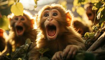 Cute monkey in the forest, yawning and playing with family generated by AI photo