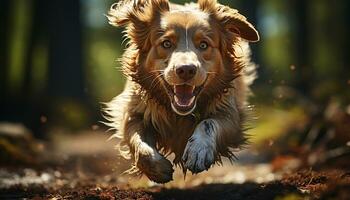 Cute puppy playing in water, joyful and full of vitality generated by AI photo