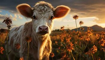 A cute cow grazes in the meadow under the sunset generated by AI photo