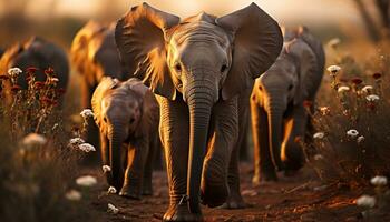 elefante familia caminando en africano desierto, puesta de sol ilumina tranquilo escena generado por ai foto