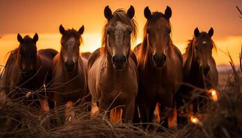 Tranquil scene horse grazing in meadow at sunset, nature beauty generated by AI photo