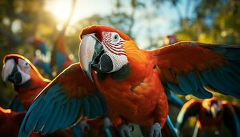 vibrante guacamayo encaramado en un rama, exhibiendo naturaleza vistoso belleza generado por ai foto