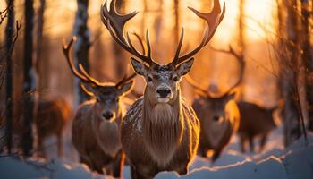 A majestic stag stands in the snowy forest at sunset generated by AI photo