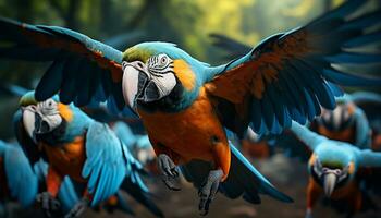 Vibrant macaw perching on branch, showcasing beauty in nature generated by AI photo