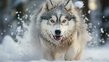 un linda trineo perro corriendo en el nieve, juguetón y adorable generado por ai foto