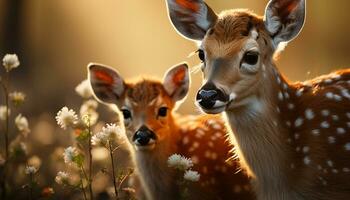 Cute deer in the meadow, looking at camera with beauty generated by AI photo