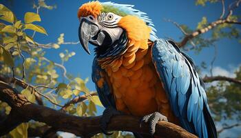 A vibrant macaw perching on a branch in the rainforest generated by AI photo