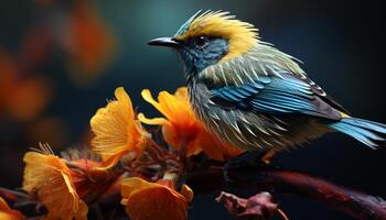 Tranquil scene bird perching on branch, vibrant colors in nature generated by AI photo