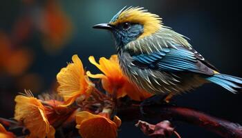 tranquilo escena pájaro encaramado en rama, vibrante colores en naturaleza generado por ai foto