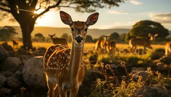 Animal in nature, sunset, animals in the wild, mammal grazing generated by AI photo