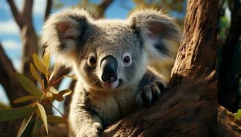 Cute koala sitting on a branch, looking at the camera generated by AI photo