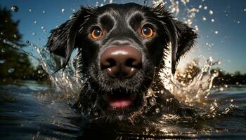 Wet puppy swimming, playful, looking at camera, purebred Labrador retriever generated by AI photo