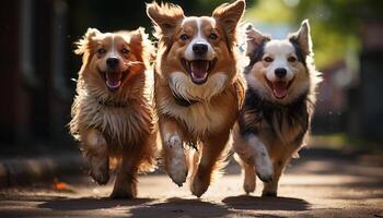 linda perrito correr, jugando, y sonriente en el verano luz de sol generado por ai foto