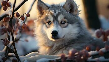 un linda perrito se sienta en el nieve, mirando a el bosque generado por ai foto