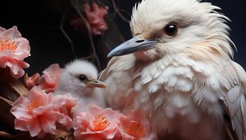 Small cute bird perching on branch, looking at the camera generated by AI photo