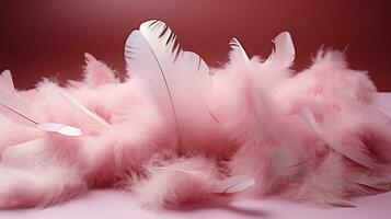 Pink feathers on a red background. Close up. 3d rendering dove wings Generative AI photo