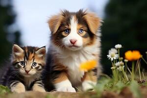 un foto de Shetland perro pastor perrito y atigrado gatito sentado en el césped generativo ai